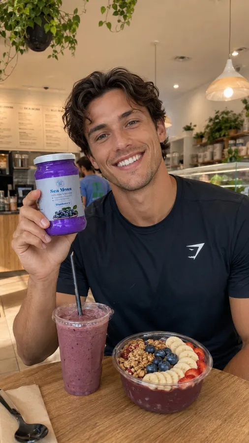 Customer holding Fresh Sea Moss blueberry gel in a cafe setting