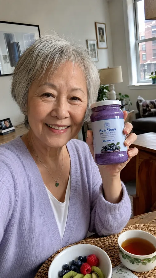 Senior customer enjoying a blueberry sea moss smoothie at home